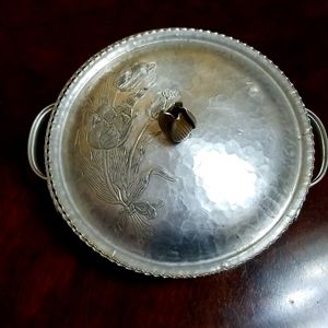 ALUMINUM BOWL W LID W TULIP MOTIF & FLOWER BUD HANDLE